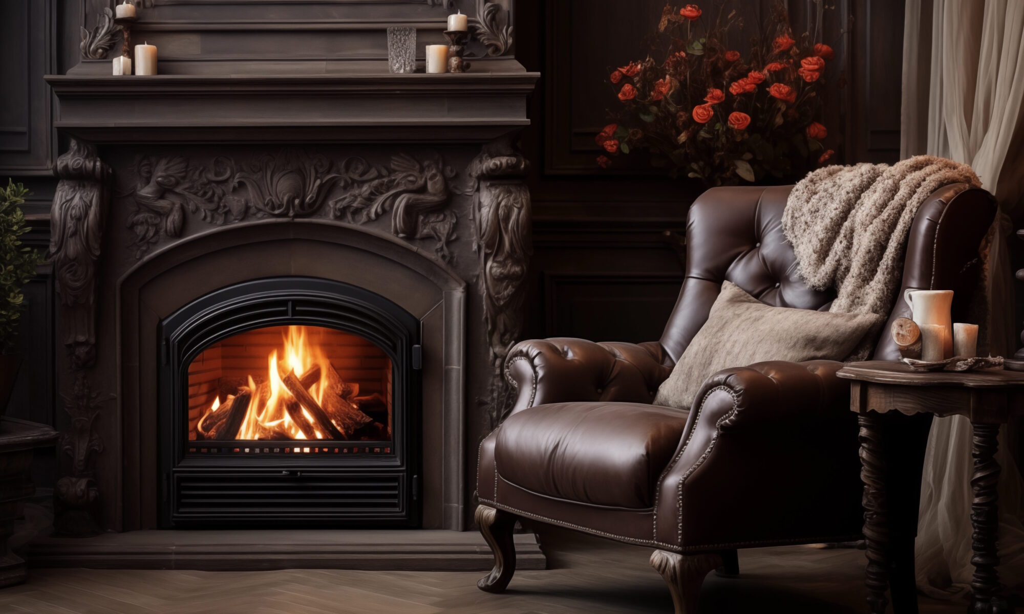 A large, comfortable leather chair sits by an active fireplace.